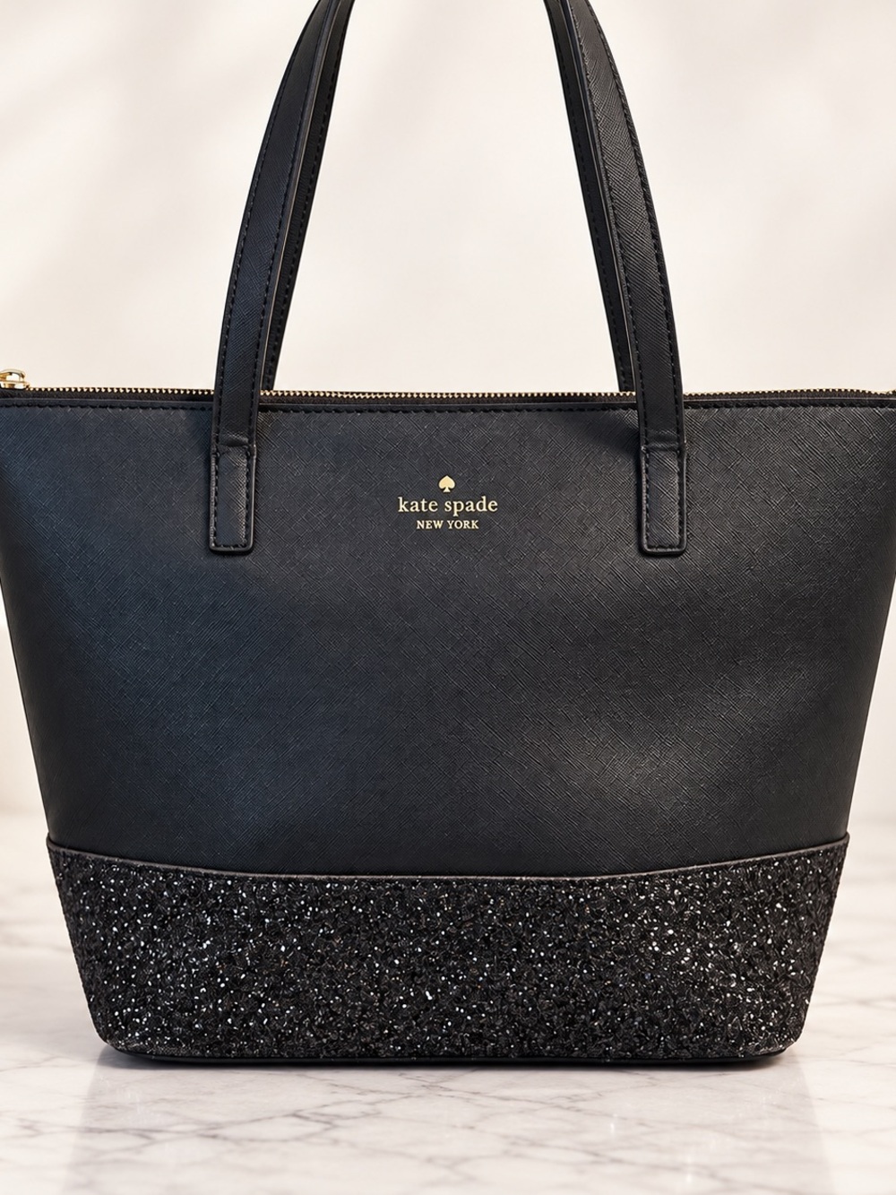 Kate Spade Greta Court Black Glitter Tote Bag Saffiano Zip Top Shoulder Purse
